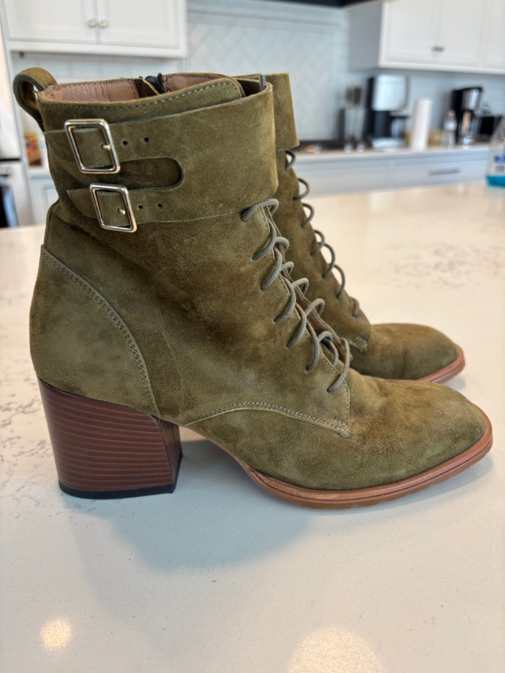 Mara Bini Olive Suede Lace-Up Block Heel Ankle Boots with Buckle Detail 39/9